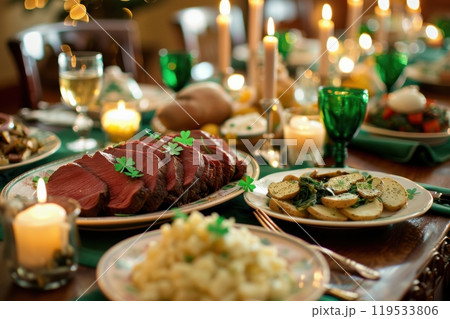 St. Patrick's Day Dinner: Traditional Irish Feast with Corned Beef and Festive Decorations 119533806