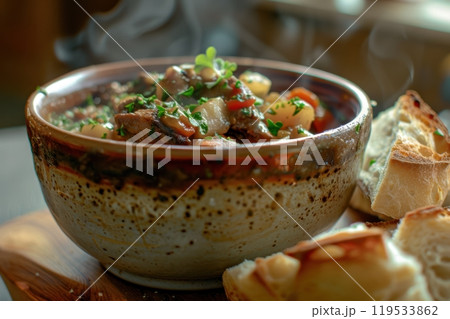 Rustic Irish Lamb Stew with Soda Bread for St. Patrick's Day Celebration 119533862