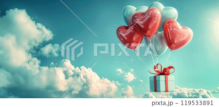 Valentine's Day Banner with Heart Balloons and Gift Box Against a Bright Sky 119533891
