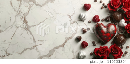 Elegant Valentine's Day Banner with Heart-Shaped Chocolates and Red Roses on Marble Surface 119533894