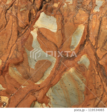 Detail of olourful volcanic rock on the Banks Peninsula, New Zealand. 119534065