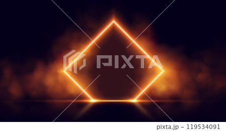 Neon door with smoke, orange glowing portal, futuristic rhombus gate, magic border with vapor. Neon door with smoke, orange glowing portal, futuristic rhombus gate, magic border with vapor. 119534091
