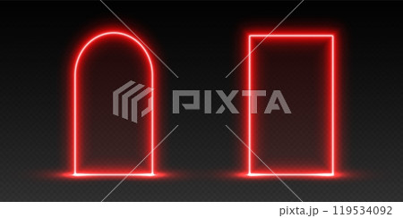 Red door and arch, pink glowing portal, futuristic gate, magic LED frame. Red door and arch, pink glowing portal, futuristic gate, magic LED frame. 119534092