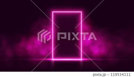Neon door with smoke, pink glowing portal, futuristic arch gate, magic border with vapor. Neon door with smoke, pink glowing portal, futuristic arch gate, magic border with vapor. 119534111