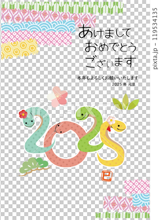 2025年 巳年 年賀状 へび文字デザイン 和柄背景 119534135