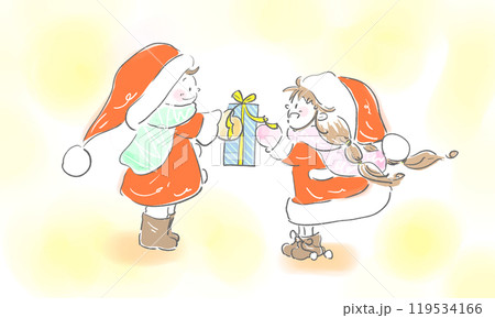 プレゼントを渡すサンタ服の男の子と女の子 プレゼントを渡すサンタ服の男の子と女の子 119534166