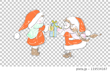 プレゼントを渡すサンタ服の男の子と女の子 119534167