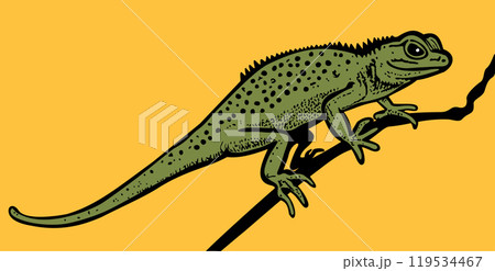 Lizard. Green lizard sitting on tree branch. Yellow background. Bright illustration 119534467