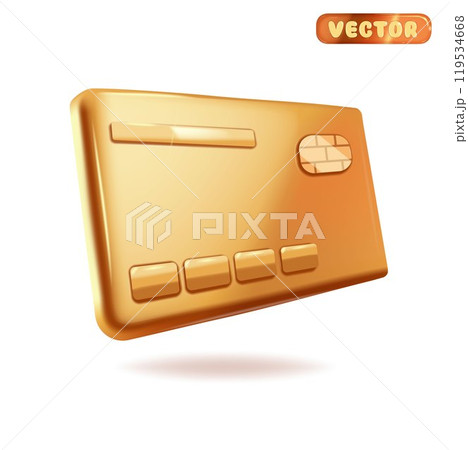 3D cartoon credit card in gold color on white background. Cnception of winning in casino, online payment. 119534668