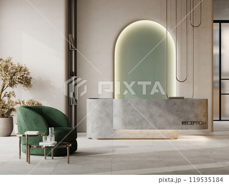 Modern stylish reception desk with green armchair, 3D rendering 119535184