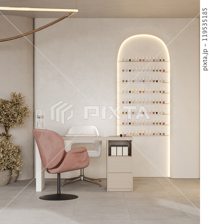 Modern pink beauty salon, manicure studio design, fashion glamour style hair salon, 3d rendering 119535185