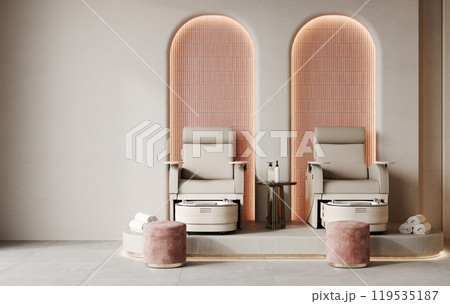 Contemporary Beauty pink salon, Bright and Modern Interior Design for Manicure and Pedicure Salon, 3d rendering 119535187