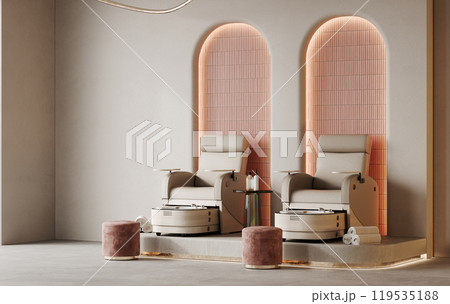 Empty modern nail salon features chairs for manicure and pedicure masters, 3d rendering 119535188