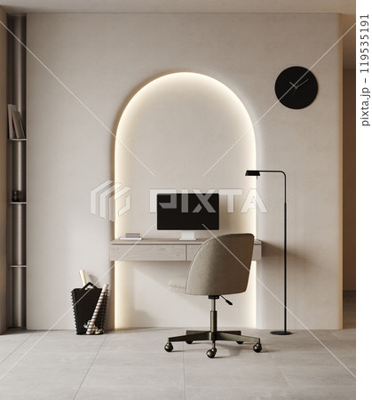 Modern minimalistic home office workplace with PC and cozy chair, 3d rendering 119535191