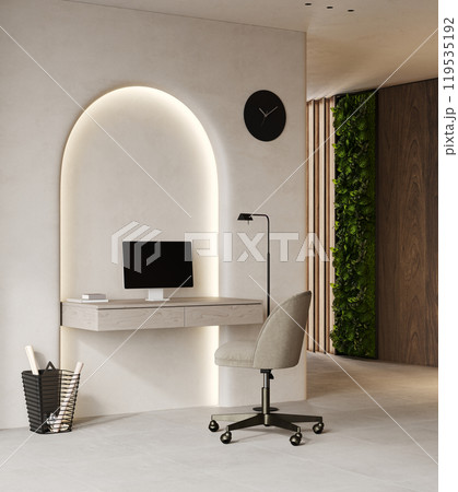 Home workplace with decoration in bright interior, workplace with PC, 3d rendering 119535192
