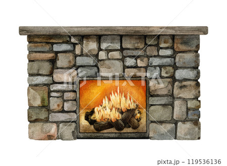 Stone fireplace with burning fire interior decoration element. Vintage style illustration. Hand drawn cozy indoor decoration element on white background. Rustic fireplace decor with burning flame 119536136