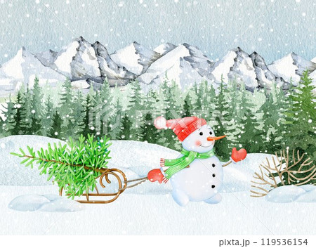 Cute snowman is carrying a Christmas tree on a sled on a snowy forest background. Winter season decoration element. Vintage style illustration. Hand drawn cute snowman with a fir tree on a sleigh 119536154