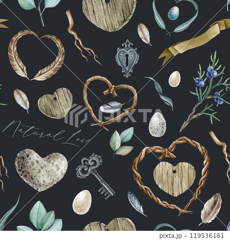 Natural elements with heart shapes seamless pattern. Watercolor illustration. Hand drawn wooden, stone, feather heart shape natural elements. Valentine day mood rustic style seamless pattern element 119536161