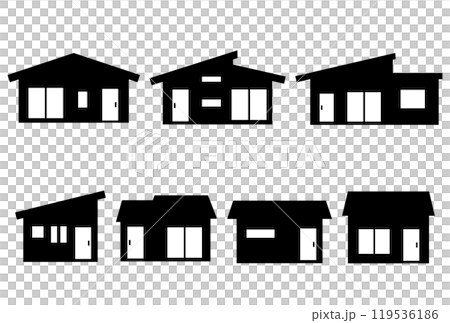 Set of silhouette illustrations of one-story houses 119536186