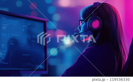 Female Call Center Operator Providing Crm Customer Service And Online Support In Office Setting, Telemarketing Consultant For Career Development And Hotline Agent. 119536330