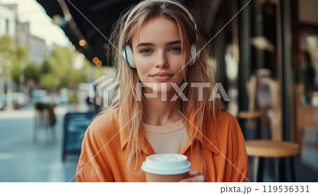 Urban Lifestyle Leisure Concept: A Young Woman In Orange Shirt And Beige Top Listening To Music And Drinking Coffee While Taking A Relaxing Walk Outside On A Summer Day. 119536331