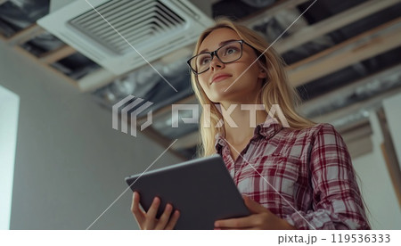 Attractive Young Woman In Glasses And Casual Attire Observes Apartment Renovation With Blonde Girl And Designer Inspecting Modern Interior. 119536333