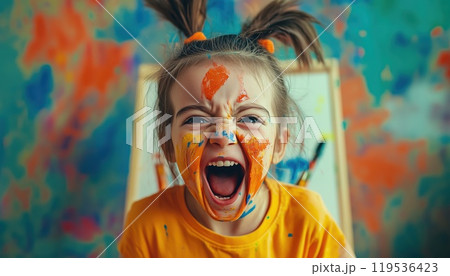 Joyful Childhood: A Humorous Young Girl Covered In Vibrant Paints And Messy Brushes, Happily Shouting With Childlike Imagination Beside An Easel. 119536423