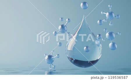 3d Rendering Of Blue Liquid Water Drop And Molecule: Stunning Illustration Showing The Beauty Of Nature In 3d Graphic Design 119536587