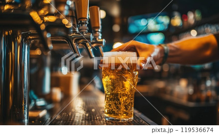 Bartender Pouring Light, Cold Foamy Beer From Tap Into Glass At Bar With Multiple Beer Dispensers, Serving Craft Beer. Concept Of Alcohol Drinks, Nightlife, Party, Festivals, Oktoberfest. Ad. 119536674