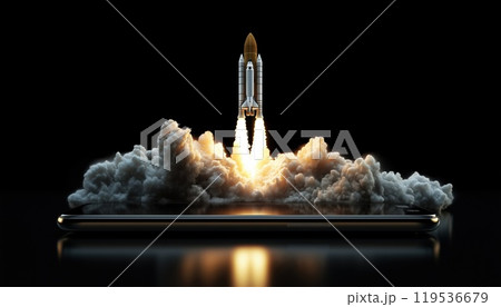 Creative Concept: Smartphone Launching Like Rocket On Dark Background For Start Up And Promotion In Marketing Space Shuttle Lift-Off 119536679