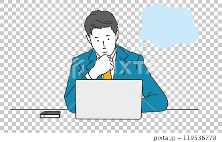A simple illustration of a businessman thinking in front of a computer 119536778