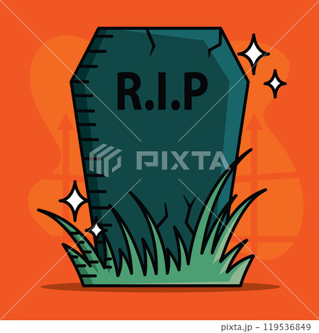 RIP tombstone with grass for spooky Halloween decor, Vector 119536849