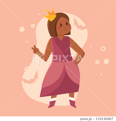 Little girl in pink princess costume with crown for Halloween, Vector Little girl in pink princess costume with crown for Halloween, Vector 119536867