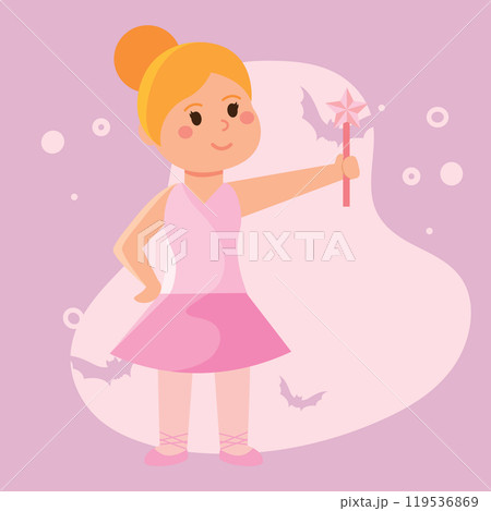 Fairy princess girl holding wand in pink dress for Halloween, Vector Fairy princess girl holding wand in pink dress for Halloween, Vector 119536869