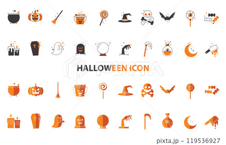 Halloween icons featuring cauldron, pumpkin, and witch hat, Vector Halloween icons featuring cauldron, pumpkin, and witch hat, Vector 119536927