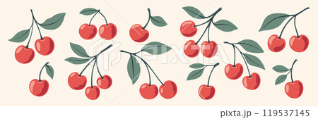 Cute Cartoon Cherry Icon Set. Single, Pair of Cherries and Cluster of Cherries with Leaves Clipart. Cherry Art, Design Template, Vector Illustration 119537145