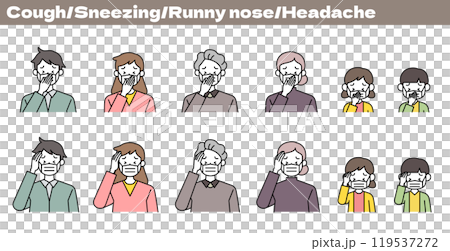 感冒,流感,流鼻涕,鼻塞,頭痛,噁心,不適三戶(祖父,父親,母親,孩子)圖 感冒,流感,流鼻涕,鼻塞,頭痛,噁心,不適三戶(祖父,父親,母親,孩子)圖 119537272