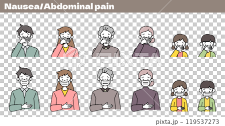 Illustration of three generations (grandfather, mother, child, father, mother, child) suffering from illness such as cold, flu, stomachache, nausea, etc. 119537273