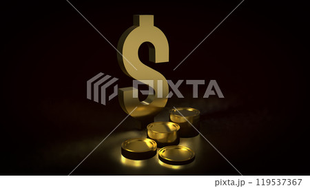 The gold dollar symbol and coins on black background 3d rendering. 119537367