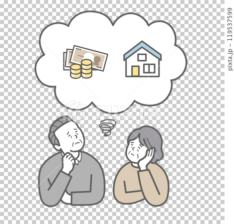 Illustration of an elderly couple worrying about assets 119537599