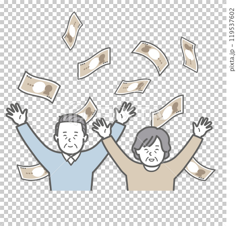 Illustration of a senior couple with flying money Illustration of a senior couple with flying money 119537602