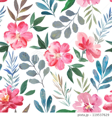 Modern watercolor seamless pattern with cute colorful red and pink rose flowers. Hand-drawn artistic illustration. Modern watercolor seamless pattern with cute colorful red and pink rose flowers. Hand-drawn artistic illustration. 119537629