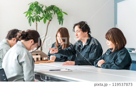 ミーティング・会議・商談で厳しく指導する作業着姿の男性ビジネスマン ミーティング・会議・商談で厳しく指導する作業着姿の男性ビジネスマン 119537873