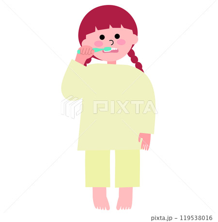 パジャマを着て一生懸命歯磨きをする幼い女の子の全身のイラスト 119538016
