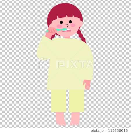 パジャマを着て一生懸命歯磨きをする幼い女の子の全身のイラスト 119538016