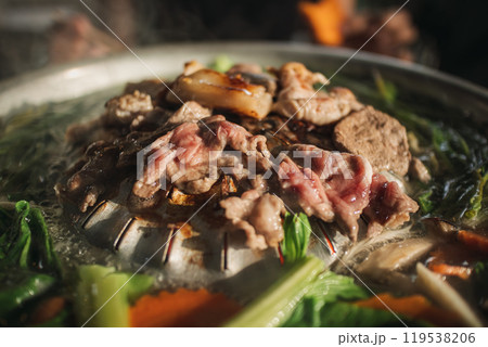 Close up of Moo Kra Ta or Thai BBQ buffet, famous all you can eat meal. 119538206