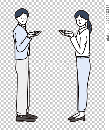 A simple full-body illustration of a female and male business person offering guidance by holding out their hand 119538318
