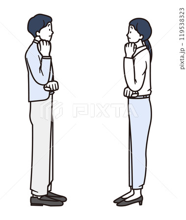 腕を組んで考えている女性と男性のビジネスパーソンのシンプルな全身イラスト素材 腕を組んで考えている女性と男性のビジネスパーソンのシンプルな全身イラスト素材 119538323