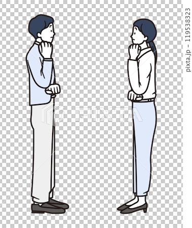 腕を組んで考えている女性と男性のビジネスパーソンのシンプルな全身イラスト素材 腕を組んで考えている女性と男性のビジネスパーソンのシンプルな全身イラスト素材 119538323