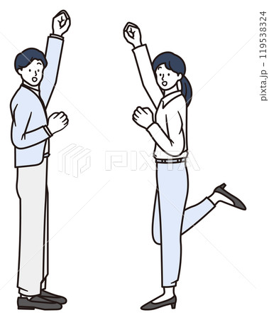 笑顔でガッツポーズをするスーツ姿の男性と女性ビジネスパーソンのイラスト素材 119538324